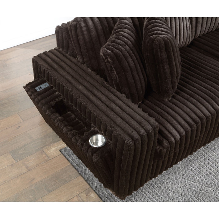 Brown Wide Furry Corduroy Double Power Sliding Chaise Loveseat with USB Port & Cup Holder - 8267
