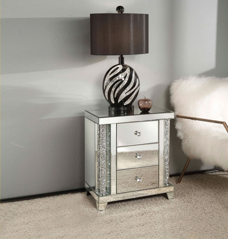 Acme 82779 Rosdorf park shelbyville glam noralie mirrored and faux diamonds inlay nightstand bed side end table