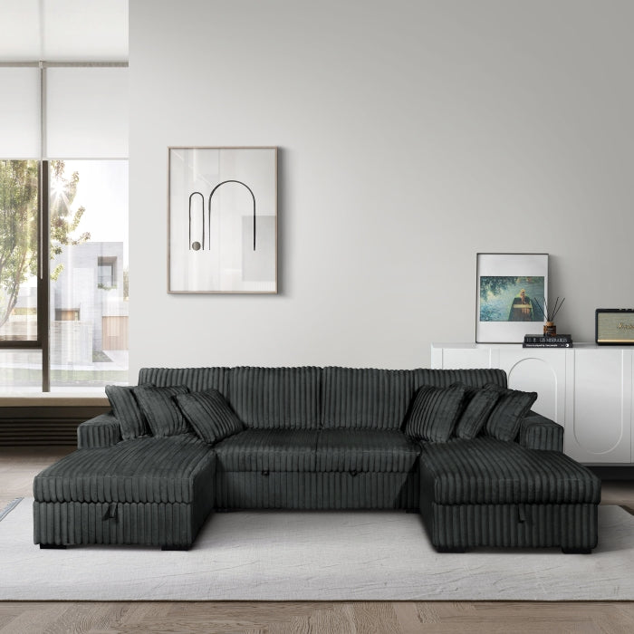 8279 3 pc dark grey corduroy fabric sectional sofa with double storage chaise and pop up center love seat chaise