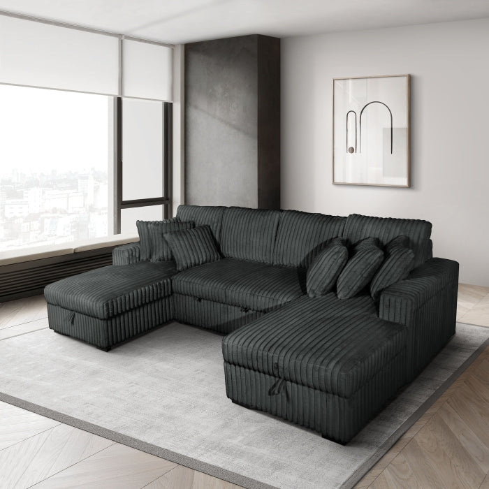 8279 3 pc dark grey corduroy fabric sectional sofa with double storage chaise and pop up center love seat chaise