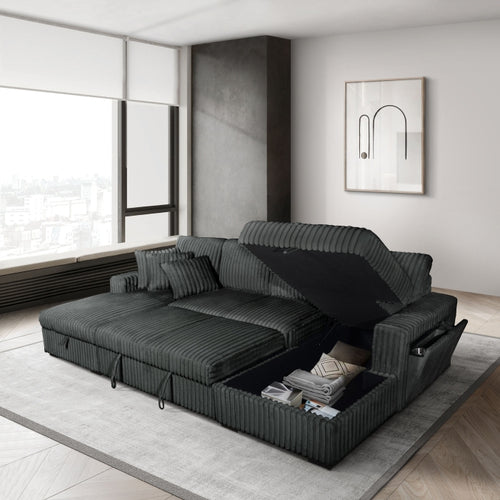 3-Piece Dark Grey Corduroy Sectional Sofa with Double Storage Chaise, Pop-Up Sleeper, USB Ports & Cup Holders - 8279