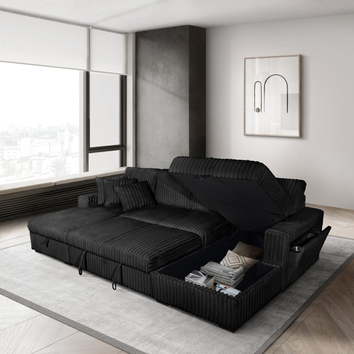8280 3 pc black corduroy fabric sectional sofa with double storage chaise and pop up center love seat chaise