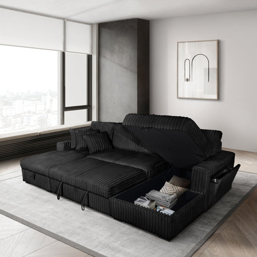 3-Piece Black Corduroy Sectional Sofa with Double Storage Chaise, Pop-Up Sleeper, USB Ports & Cup Holders - 8280
