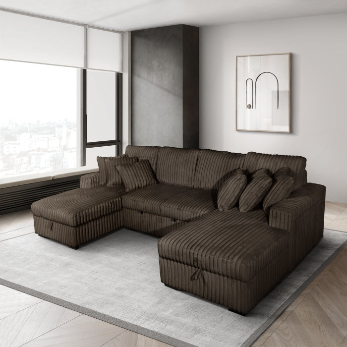 8281 3 pc chocolate corduroy fabric sectional sofa with double storage chaise and pop up center love seat chaise
