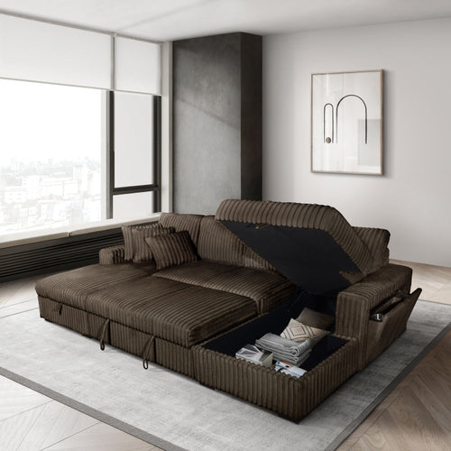 3-Piece Chocolate Corduroy Sectional Sofa with Double Storage Chaise, Pop-Up Sleeper, USB Ports & Cup Holders - 8281