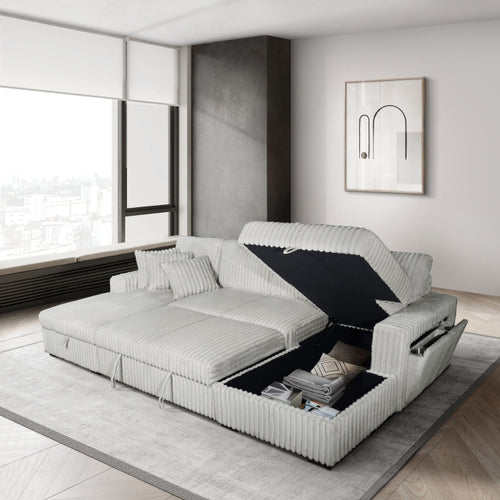 3-Piece Silver Corduroy Sectional Sofa with Double Storage Chaise, Pop-Up Sleeper, USB Ports & Cup Holders - 8282