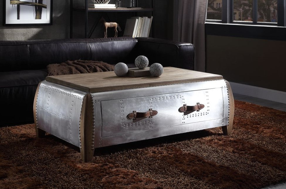 Acme 82855 Brancaster aluminum and antique oak aircraft inspired coffee table with drawer