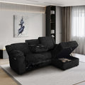 8286 2 pc Black wide corduroy fabric sectional sofa with LAF power recliner, center drop down tray table back, and RAF storage chaise