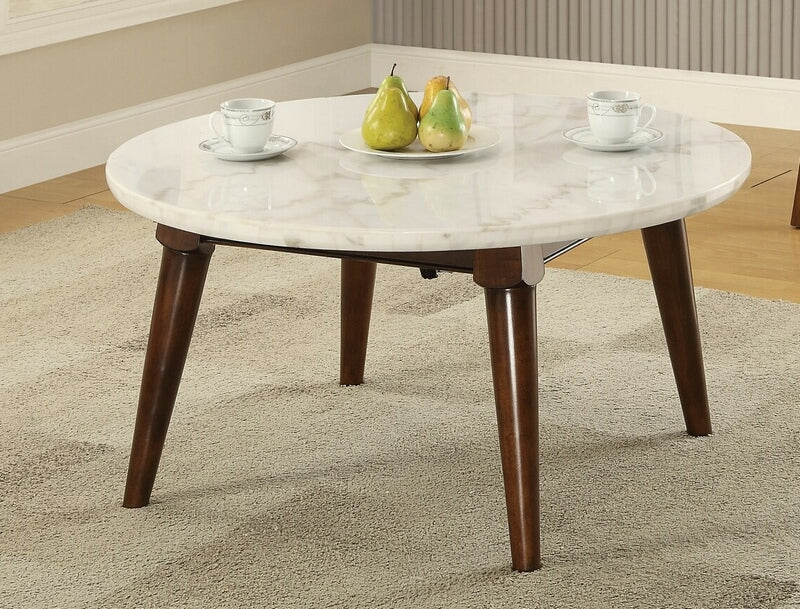 Acme 82890 Wrought studio asuncion gasha walnut finish wood white marble top round coffee table
