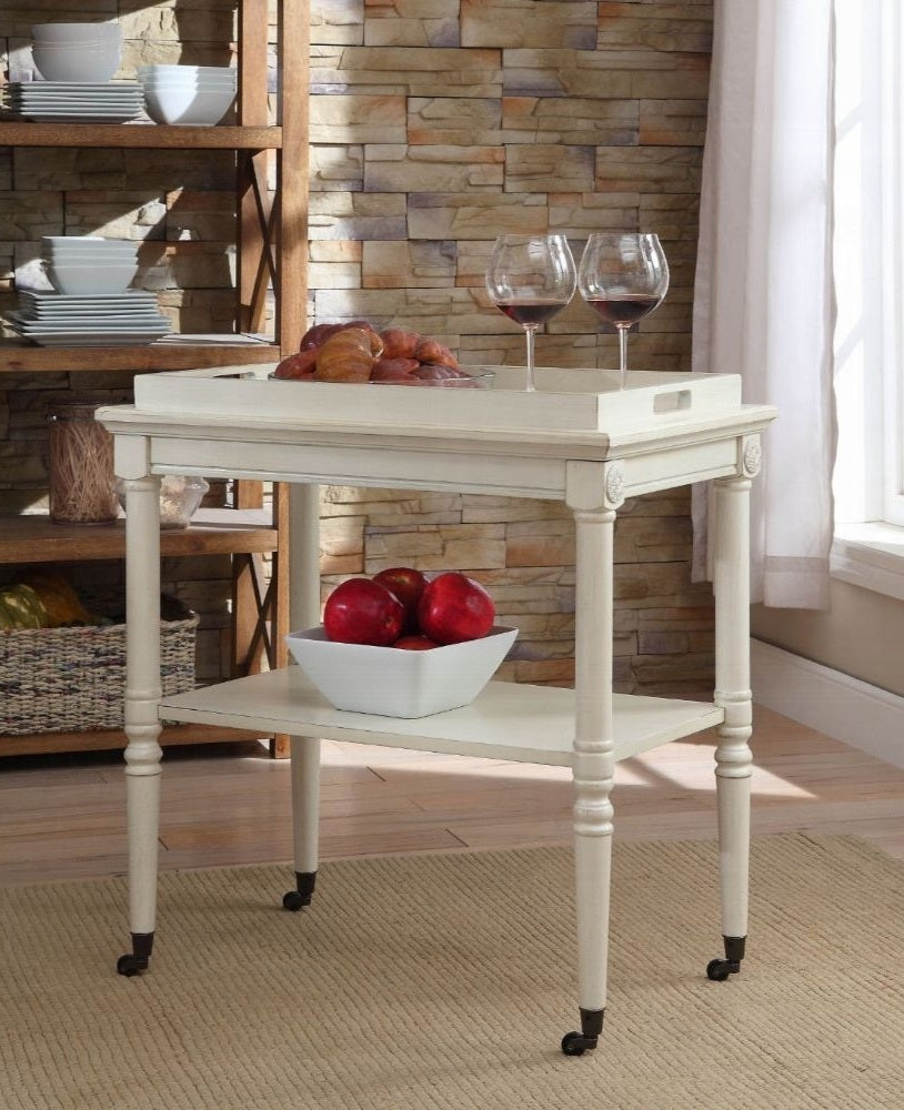 Acme 82908 Frisco antique white finish wood removable tray serving cart with casters and lower shelf