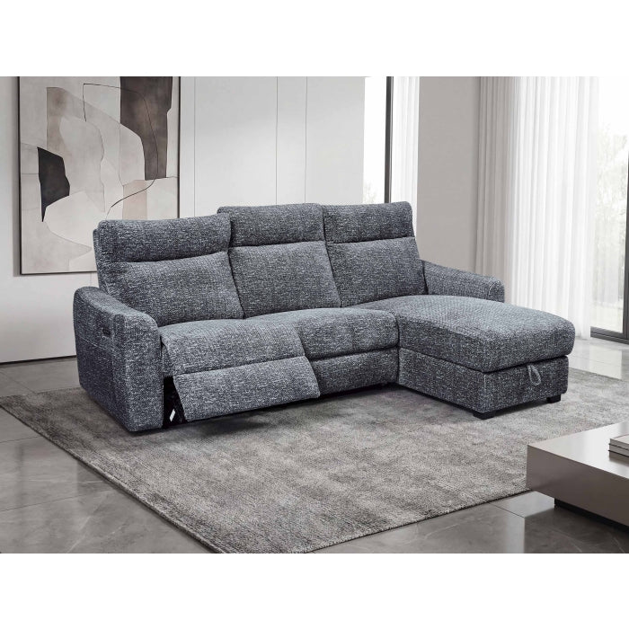 8292 2 pc Grey patterned fabric sectional sofa with LAF power recliner power headrest and RAF storage chaise