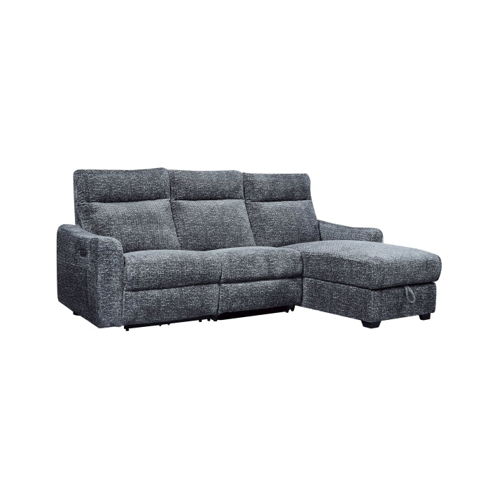 8292 2 pc Grey patterned fabric sectional sofa with LAF power recliner power headrest and RAF storage chaise