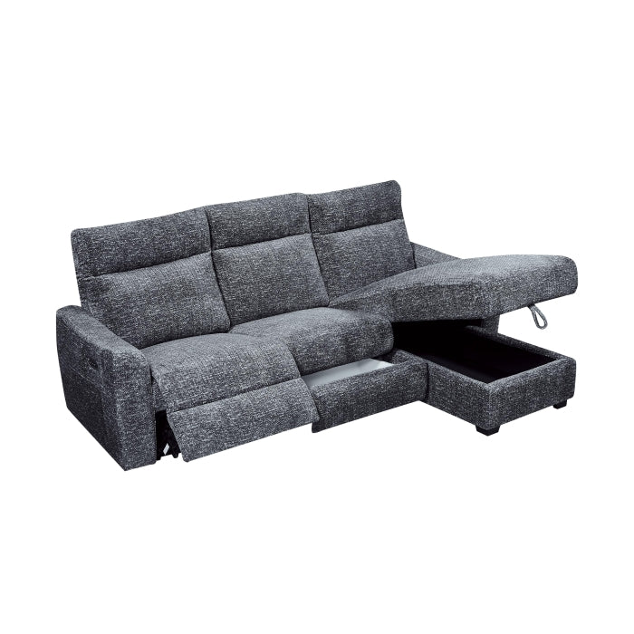 8292 2 pc Grey patterned fabric sectional sofa with LAF power recliner power headrest and RAF storage chaise