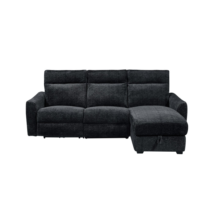 8293 2 pc Black patterned fabric sectional sofa with LAF power recliner power headrest and RAF storage chaise
