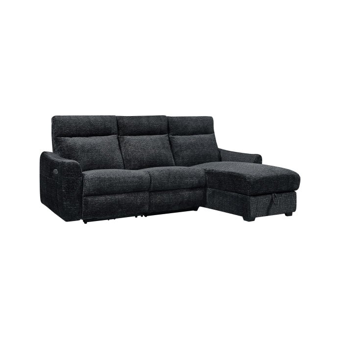 8293 2 pc Black patterned fabric sectional sofa with LAF power recliner power headrest and RAF storage chaise
