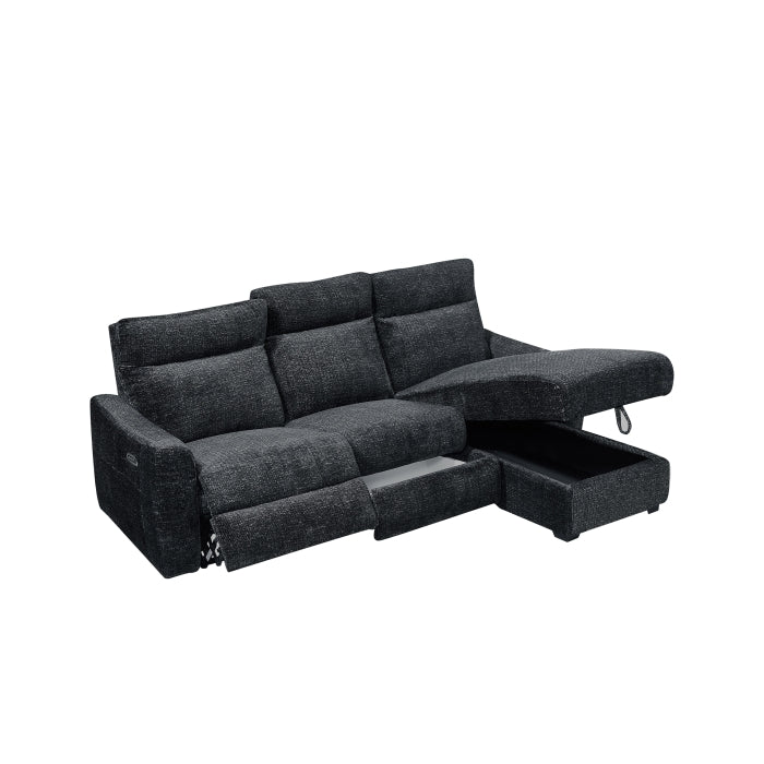 8293 2 pc Black patterned fabric sectional sofa with LAF power recliner power headrest and RAF storage chaise
