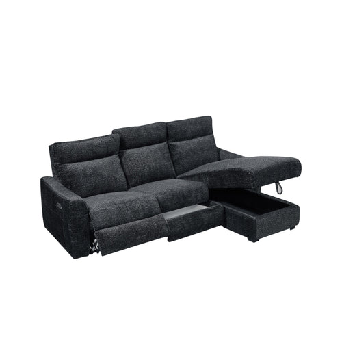 2-Piece Black Patterned Fabric Sectional Sofa with LAF Power Recliner, Power Headrest, USB Ports & RAF Storage Chaise - 8293