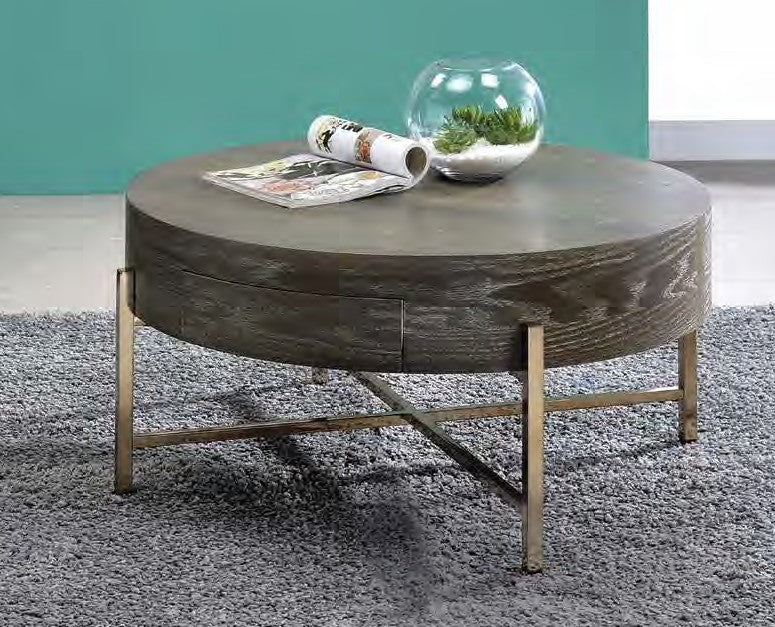 Acme 82955 Foundry select cerie weyton dark oak finish wood top champagne metal frame round coffee table