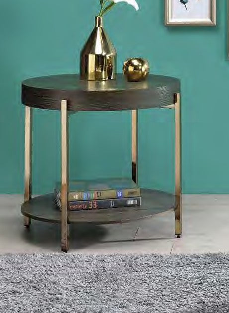 Acme 82957 Foundry select cerie weyton dark oak finish wood top champagne metal frame round chair side end table