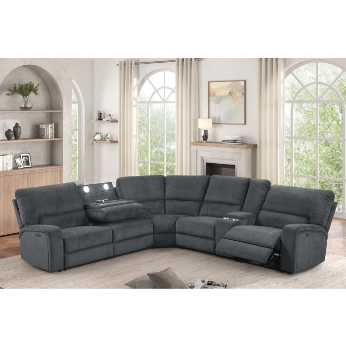 3-Piece Grey Chenille Fabric Power Recliner Sectional Sofa with Console & LED Lights – 8298