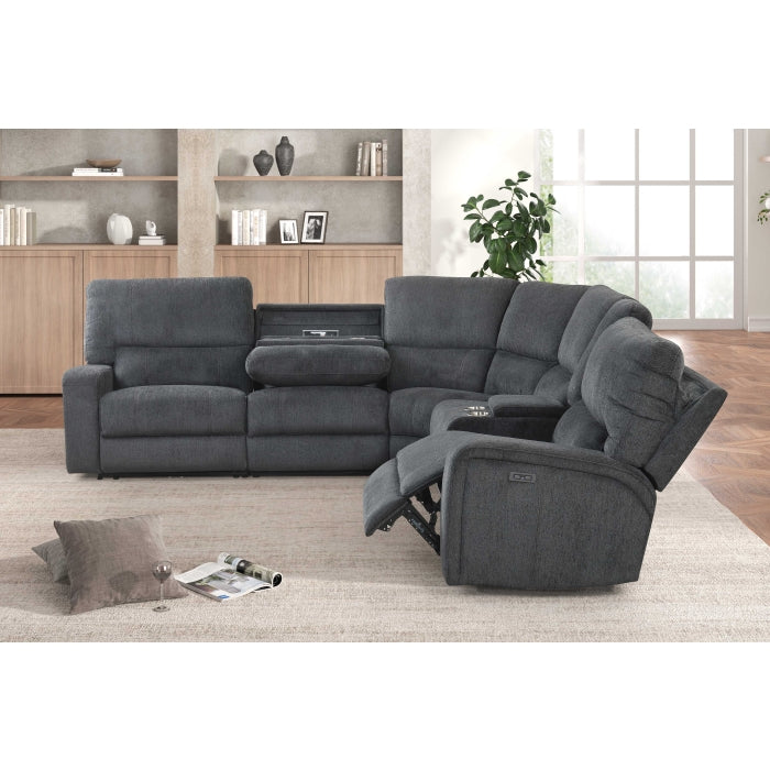 3-Piece Grey Chenille Fabric Power Recliner Sectional Sofa with Console & LED Lights – 8298