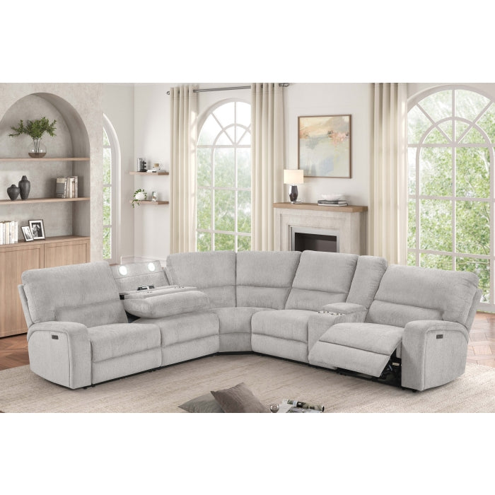 3-Piece Light Grey Chenille Fabric Power Recliner Sectional Sofa with Console & LED Lights – 8299