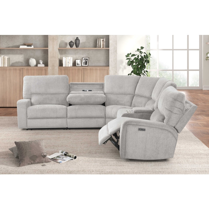 3-Piece Light Grey Chenille Fabric Power Recliner Sectional Sofa with Console & LED Lights – 8299