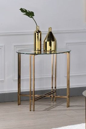 Acme 82997 Everly quinn Veises champagne metal frame round clear glass top end table