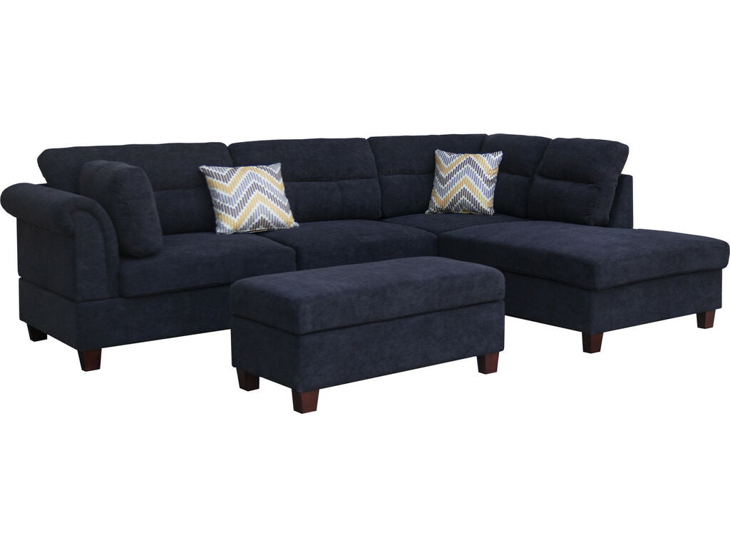 Diego 3-Piece Black Fabric Sectional Sofa with RAF Chaise & Storage Ottoman – 83001