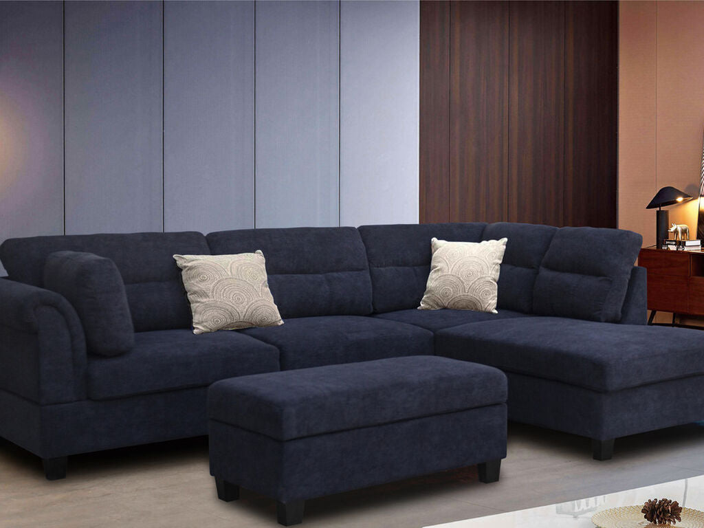 83001 3 pc Diego black fabric sectional sofa with RAF chaise and storage ottoman