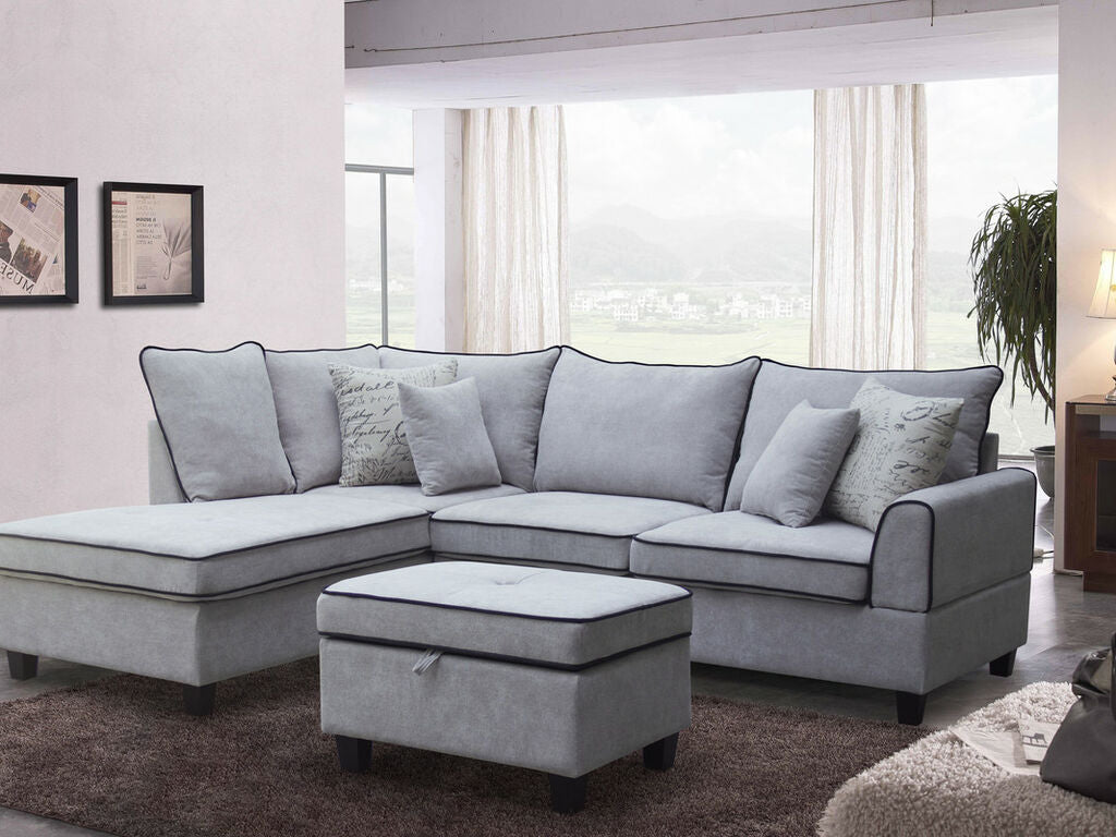 A83005 3 pc Harmony light grey fabric 100" sectional sofa with LAF chaise and storage ottoman