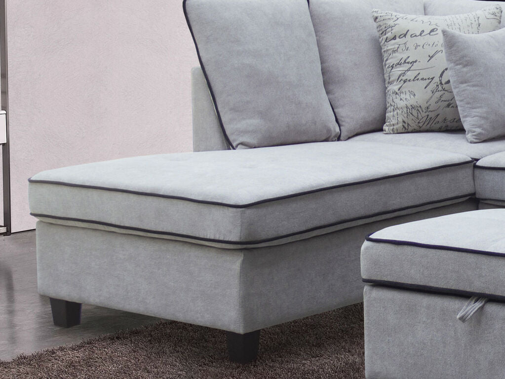 A83005 3 pc Harmony light grey fabric 100" sectional sofa with LAF chaise and storage ottoman