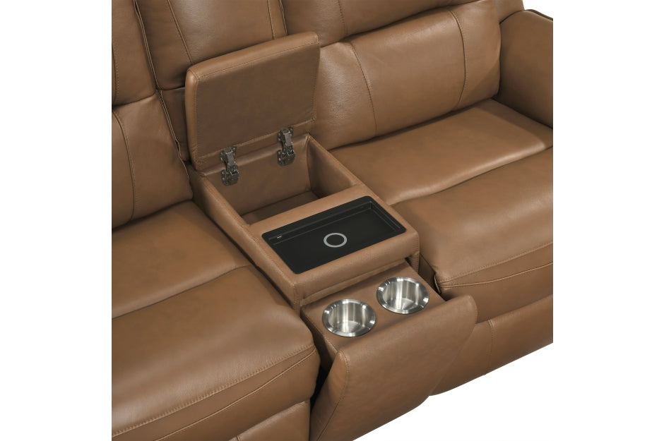 Haven 2-Piece Power Motion Sofa & Loveseat Set – Brown Top Grain Leather & Recliner Ends – 8301BRW-2PC