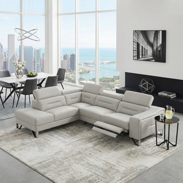 Homelegance Ventura Mid-Century Modern Light Grey Top Grain Leather Sectional Sofa with Chaise and Power Recliner – 8304LGY-2LC2RPW
