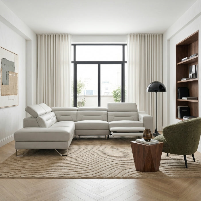 Homelegance Ventura Mid-Century Modern Light Grey Top Grain Leather Sectional Sofa with Chaise and Power Recliner – 8304LGY-2LC2RPW