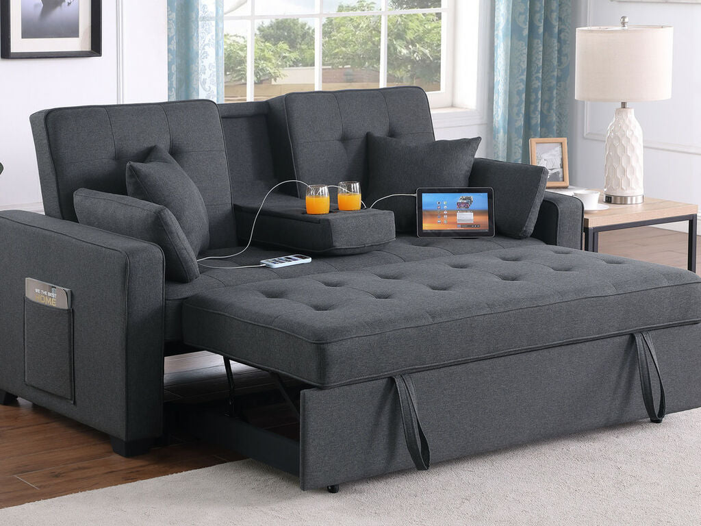 83083 Codt II dark grey linen fabric pop up sleep area fold down back center drop down cup holder with USB sofa sleeper
