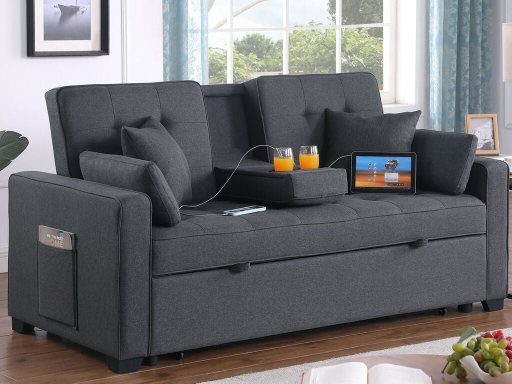 83083 Codt II dark grey linen fabric pop up sleep area fold down back center drop down cup holder with USB sofa sleeper