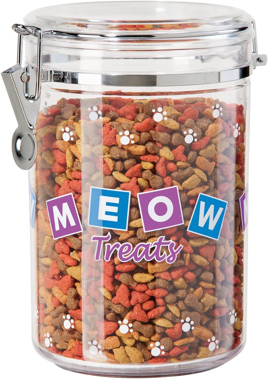 Oggi 8310 Clear acrylic air tight silicone seal "MEOW" with paws design pet treat container