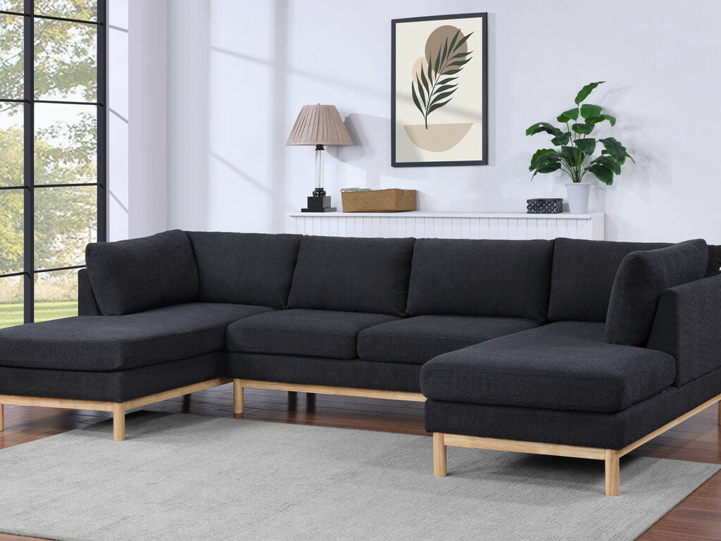 83125 3 pc Hallie black sherpa fabric 124" double chaise sectional sofa with natural finish wood trim