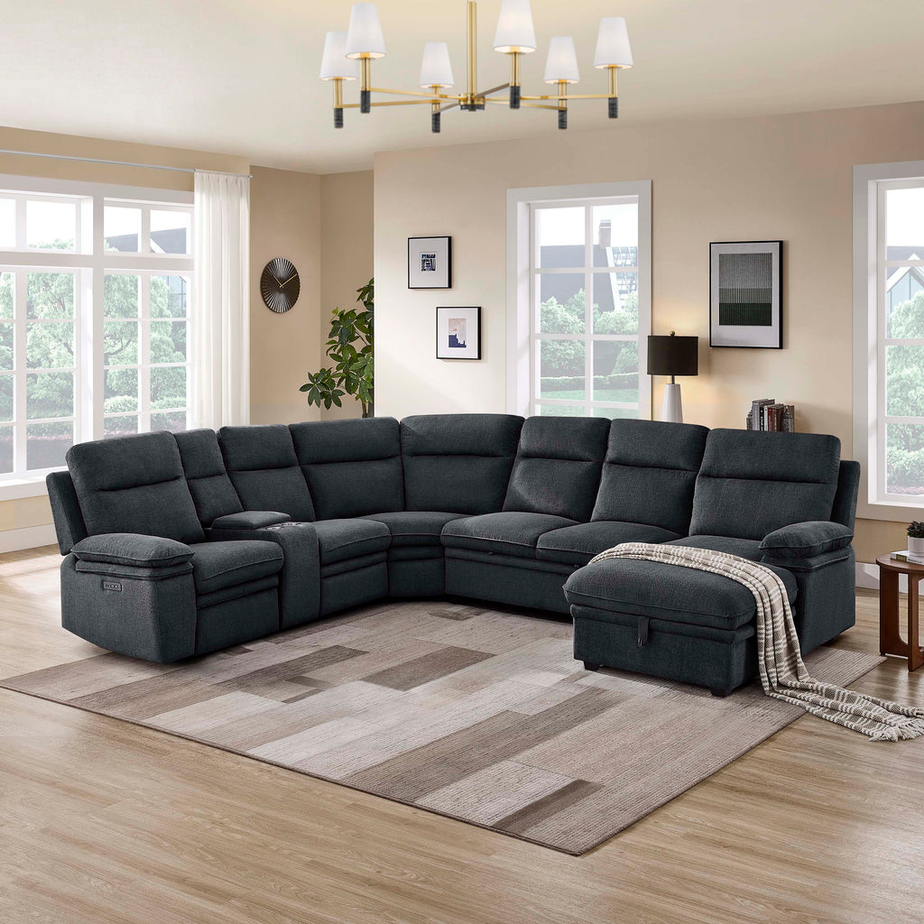 3-Piece Grey Chenille Fabric Power Recliner Sectional Sofa with Sleeper, Storage Chaise & Console – 8317
