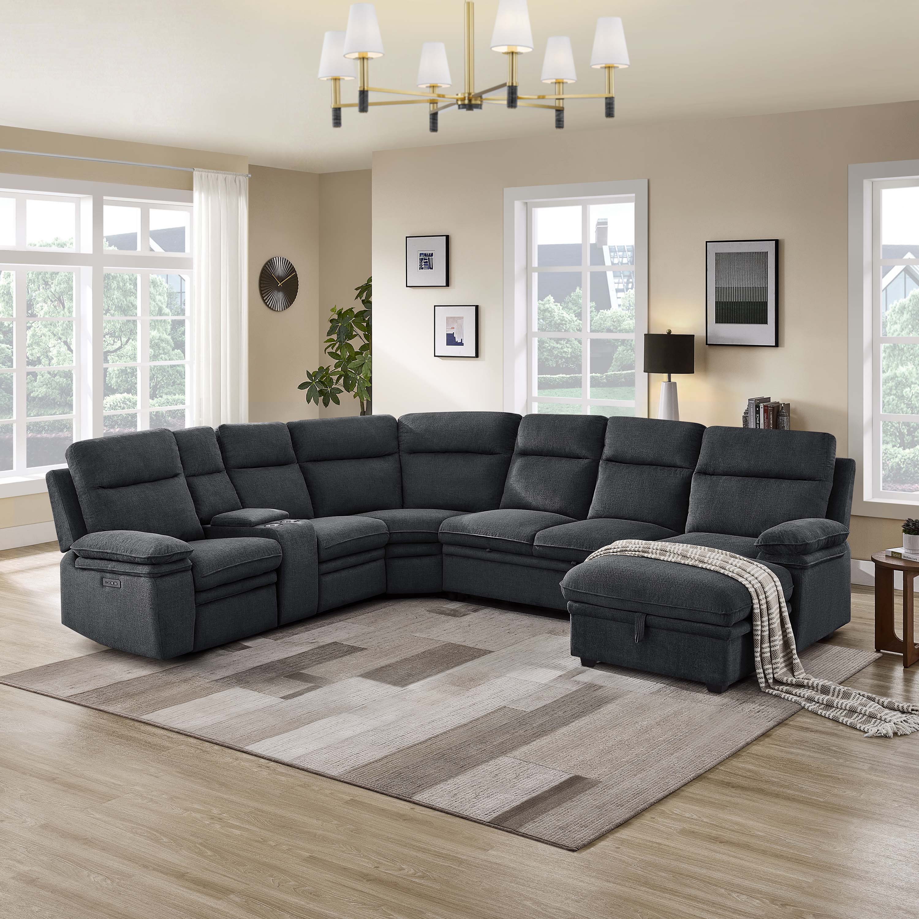3-Piece Grey Chenille Fabric Power Recliner Sectional Sofa with Sleeper, Storage Chaise & Console – 8317