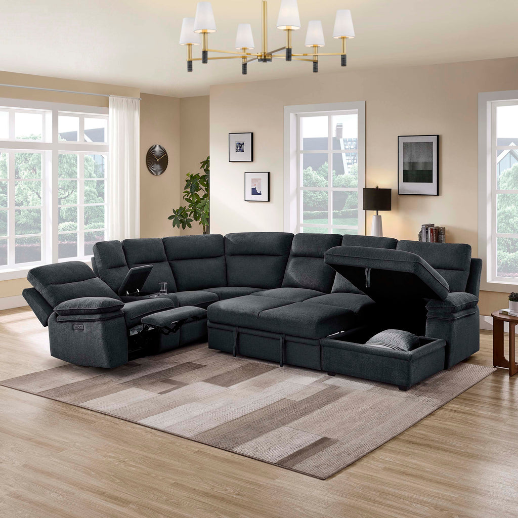 3-Piece Grey Chenille Fabric Power Recliner Sectional Sofa with Sleeper, Storage Chaise & Console – 8317