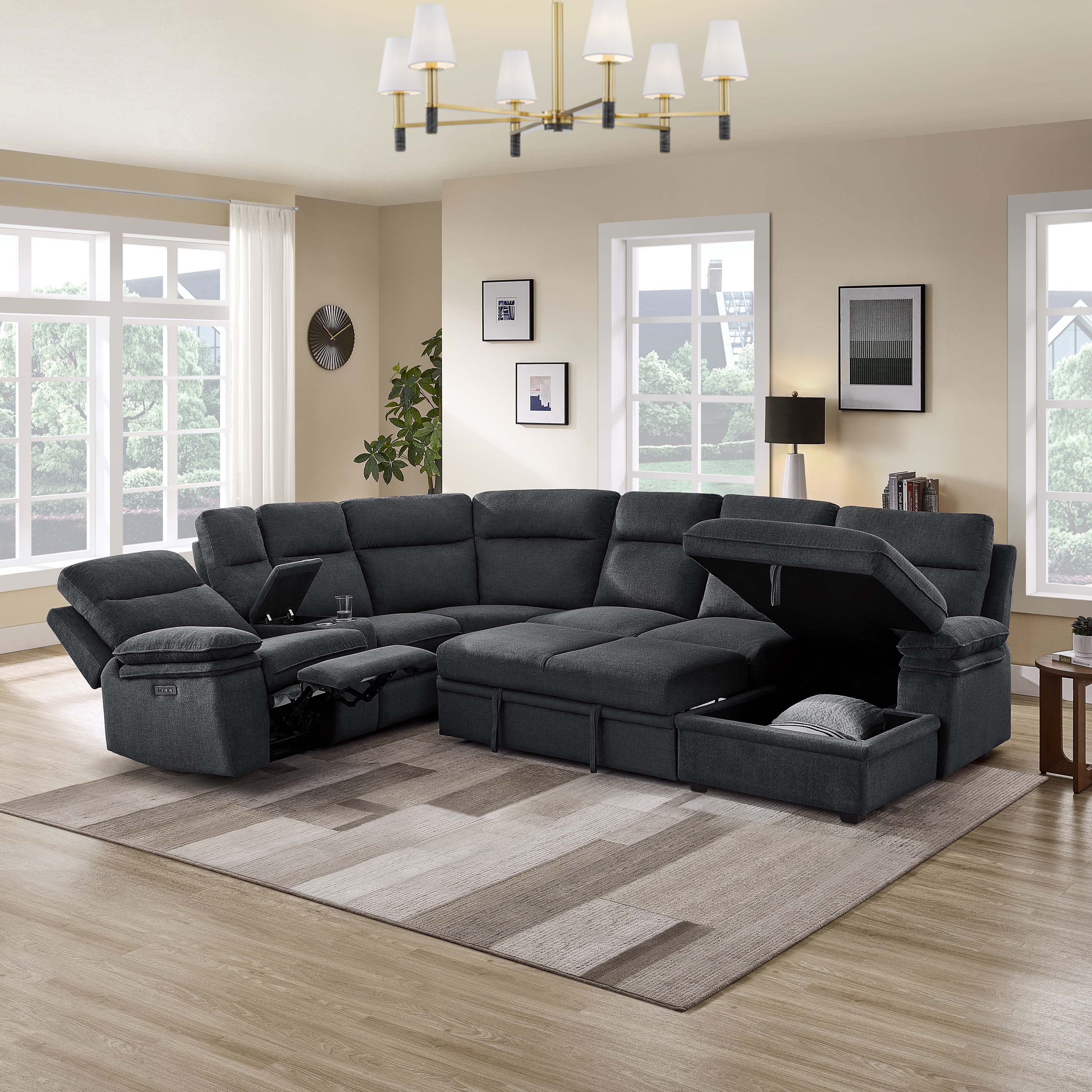 3-Piece Grey Chenille Fabric Power Recliner Sectional Sofa with Sleeper, Storage Chaise & Console – 8317