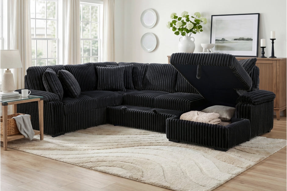 N*o様 【ブラック/L】FreshService CORDUROY SET U 8317BLK Black Corduroy 3-Piece Sectional Sofa with Storage Chaise