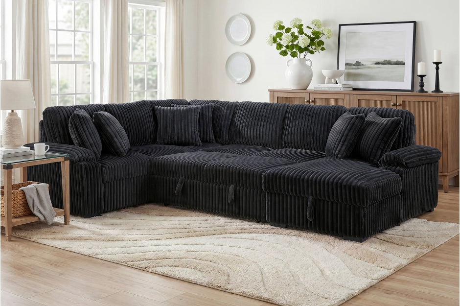 Homelegance Ridge Black Plush Corduroy Sectional Sofa with Storage Chaise and Pull-Out Sleeper – 8317BLK