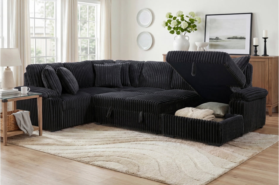 Homelegance Ridge Black Plush Corduroy Sectional Sofa with Storage Chaise and Pull-Out Sleeper – 8317BLK