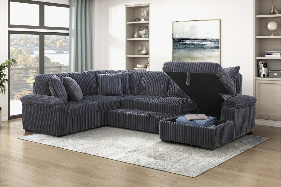 Homelegance Ridge Dark Grey Plush Corduroy Sectional Sofa with Storage Chaise and Pull-Out Sleeper – 8317DGY