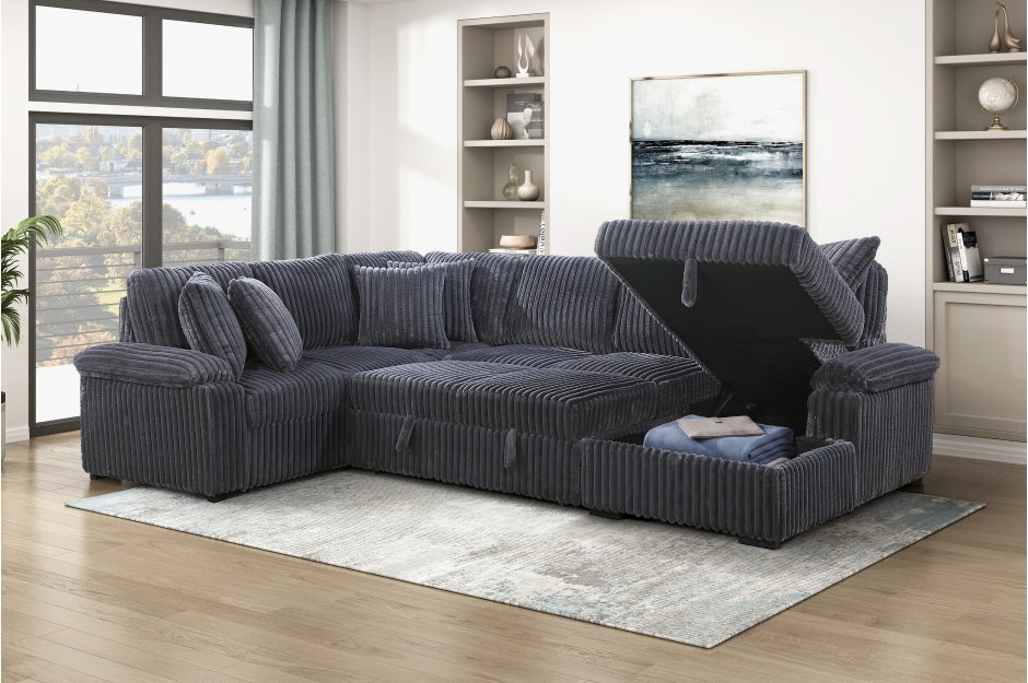 Homelegance Ridge Dark Grey Plush Corduroy Sectional Sofa with Storage Chaise and Pull-Out Sleeper – 8317DGY