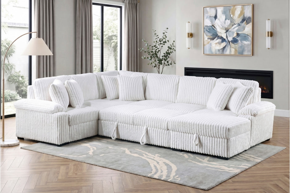 Homelegance Ridge White Plush Corduroy Sectional Sofa with Storage Chaise and Pull-Out Sleeper – 8317WHT