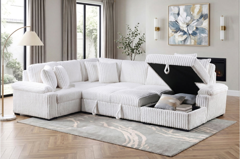 Homelegance Ridge White Plush Corduroy Sectional Sofa with Storage Chaise and Pull-Out Sleeper – 8317WHT